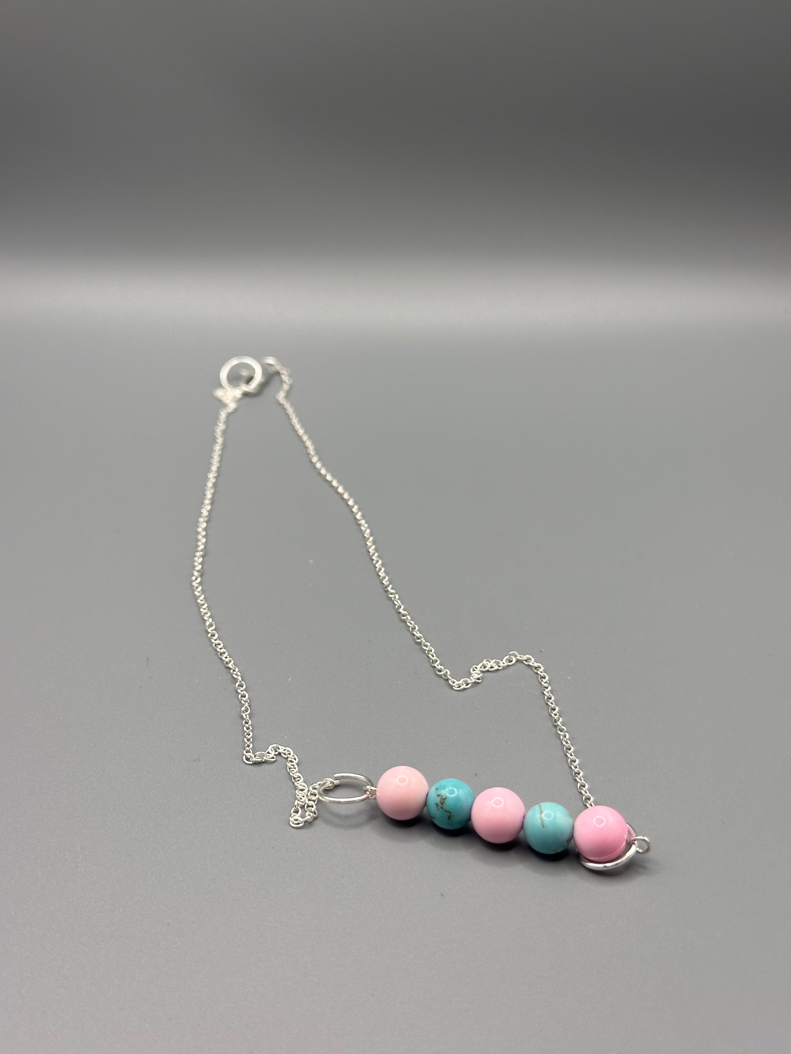 Pink Conch and Genuine Turquoise Hand Beaded Silver Plated Bar Necklace