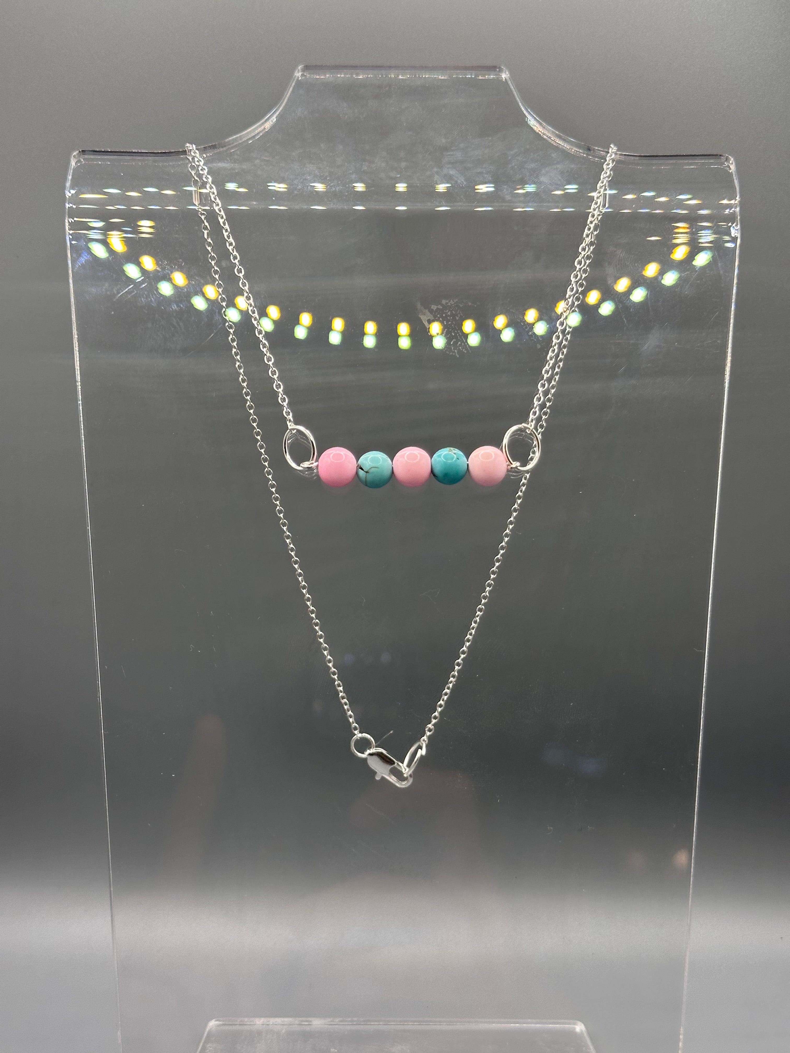 Pink Conch and Genuine Turquoise Hand Beaded Silver Plated Bar Necklace