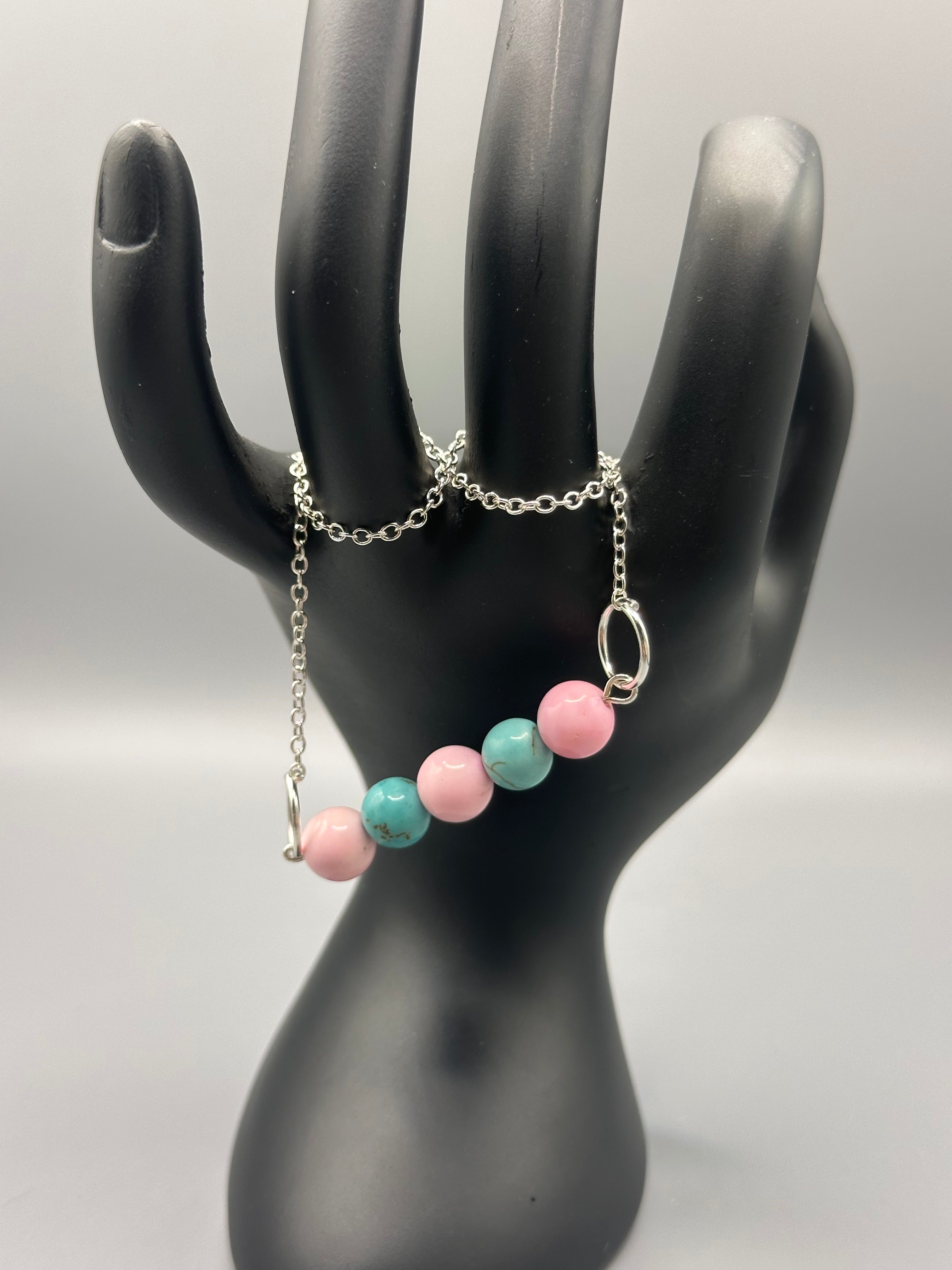 Pink Conch and Genuine Turquoise Hand Beaded Silver Plated Bar Necklace