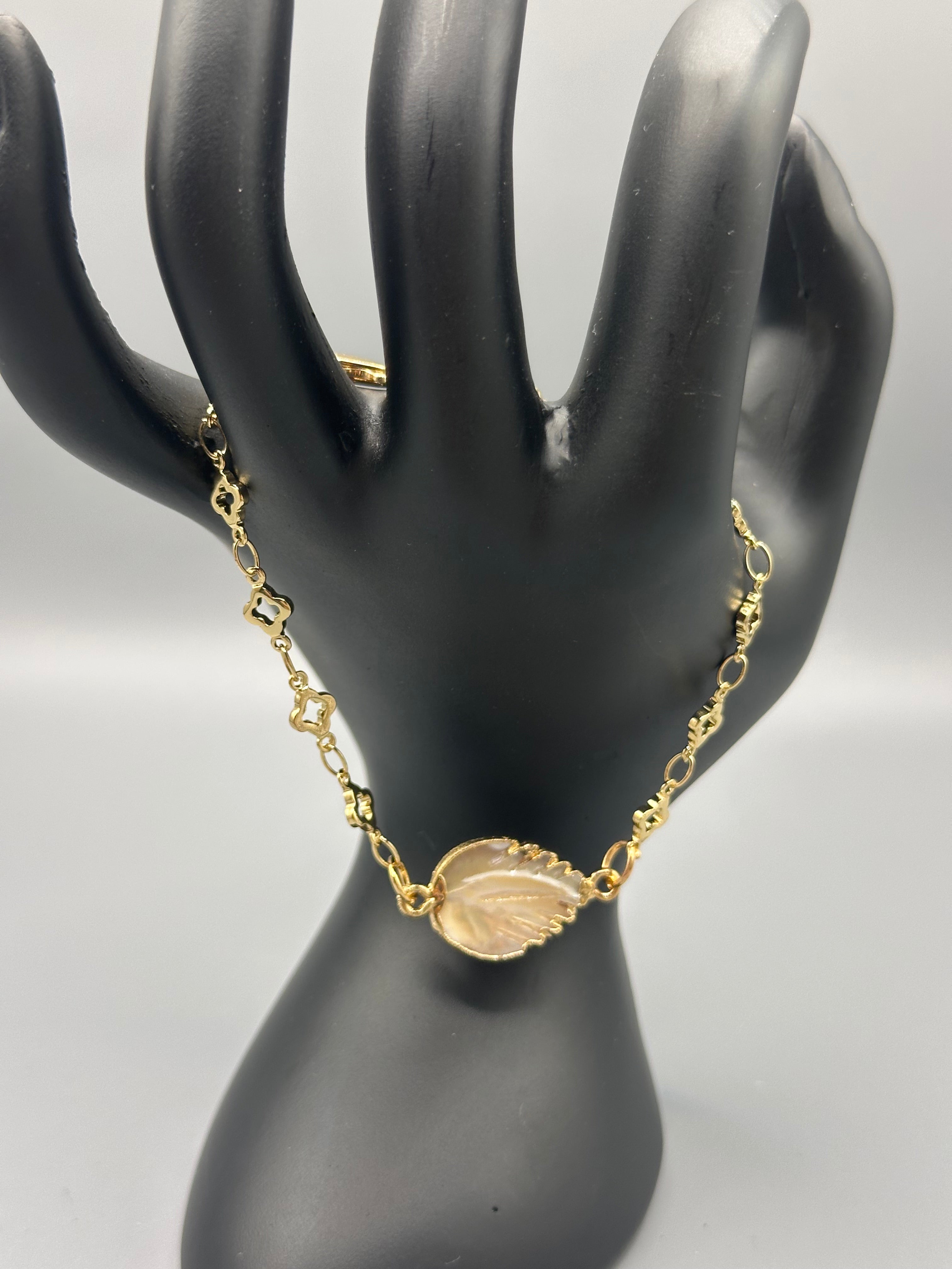 Gold Plated Handmade Mother of Pearl Leaf Charm Bracelet