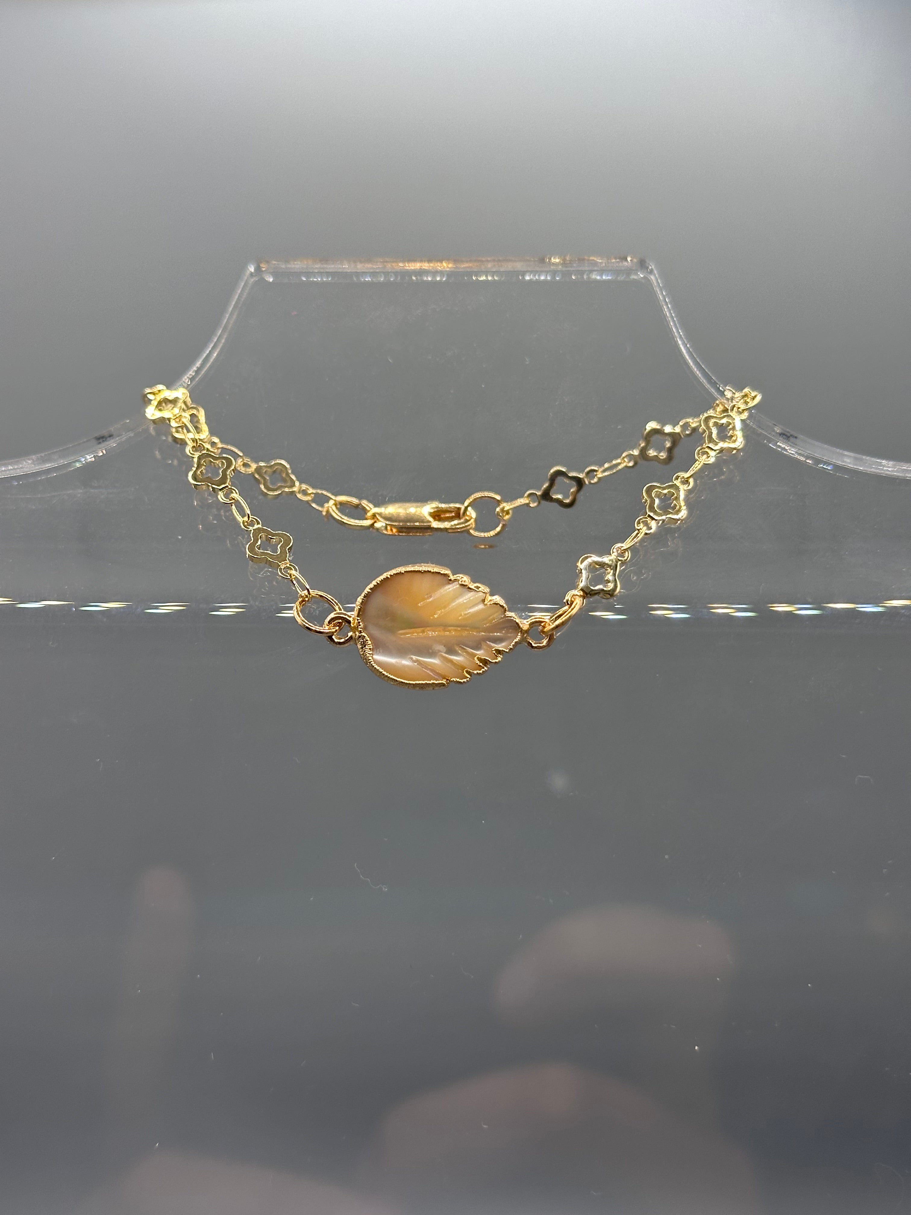 Gold Plated Handmade Mother of Pearl Leaf Charm Bracelet