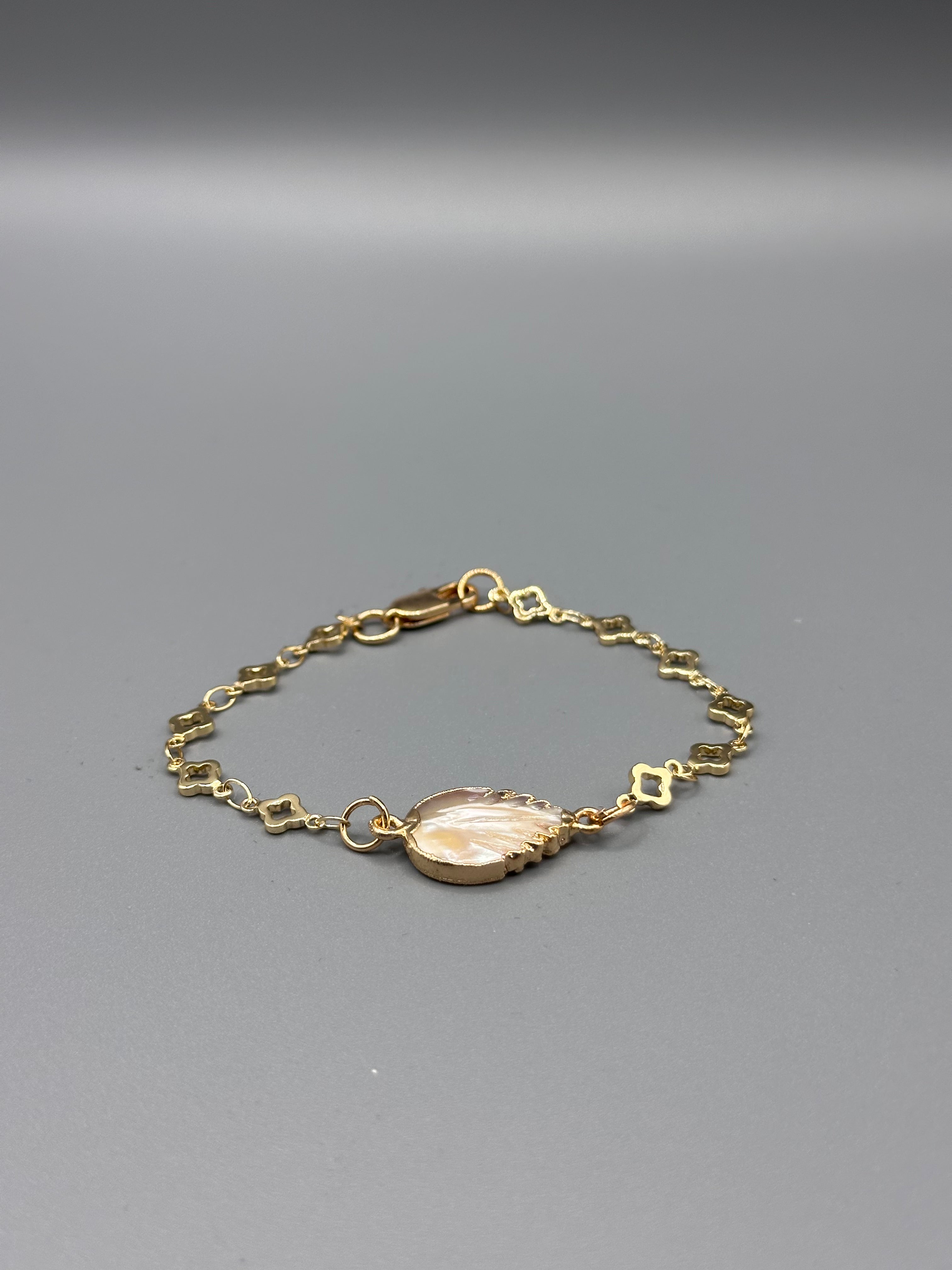 Gold Plated Handmade Mother of Pearl Leaf Charm Bracelet